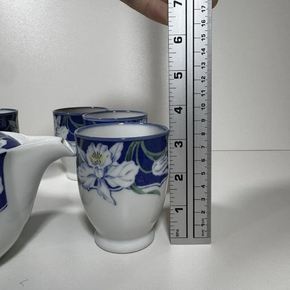 Vintage Arita Yaki Japanese Porcelain Kyusu Yunomi Tea Set Royal Iris Blue White